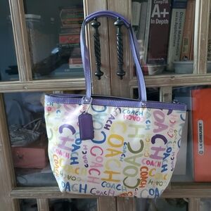 Coach Satin Multicolor Signature Graffiti Logo Tote with Purple Trim
